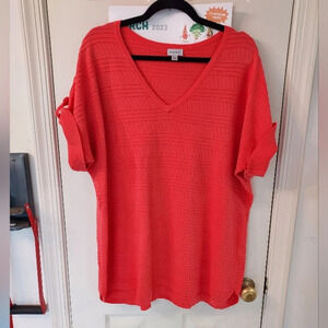 Avenue Coral V-Neck Short Sleeve Light Material Sweater Top in Size 18/20